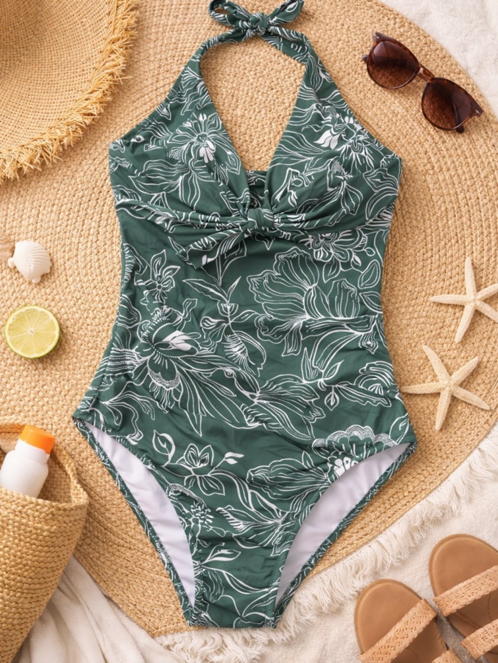 Green Floral One-Piece Swimsuit with Bow Tie Halter Neck